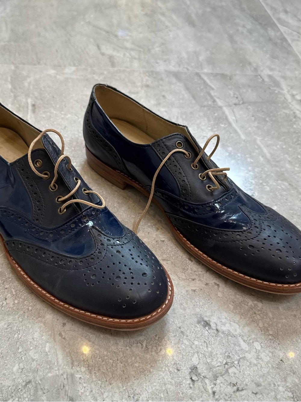 Women's Navy Wingtip Derby Oxfords with Tan Laces